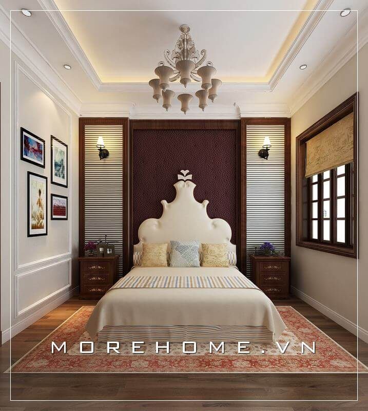 Giường ngủ bọc da màu trắng tinh tế là điểm nhấn hoàn hảo cho không gian phòng ngủ nhỏ 